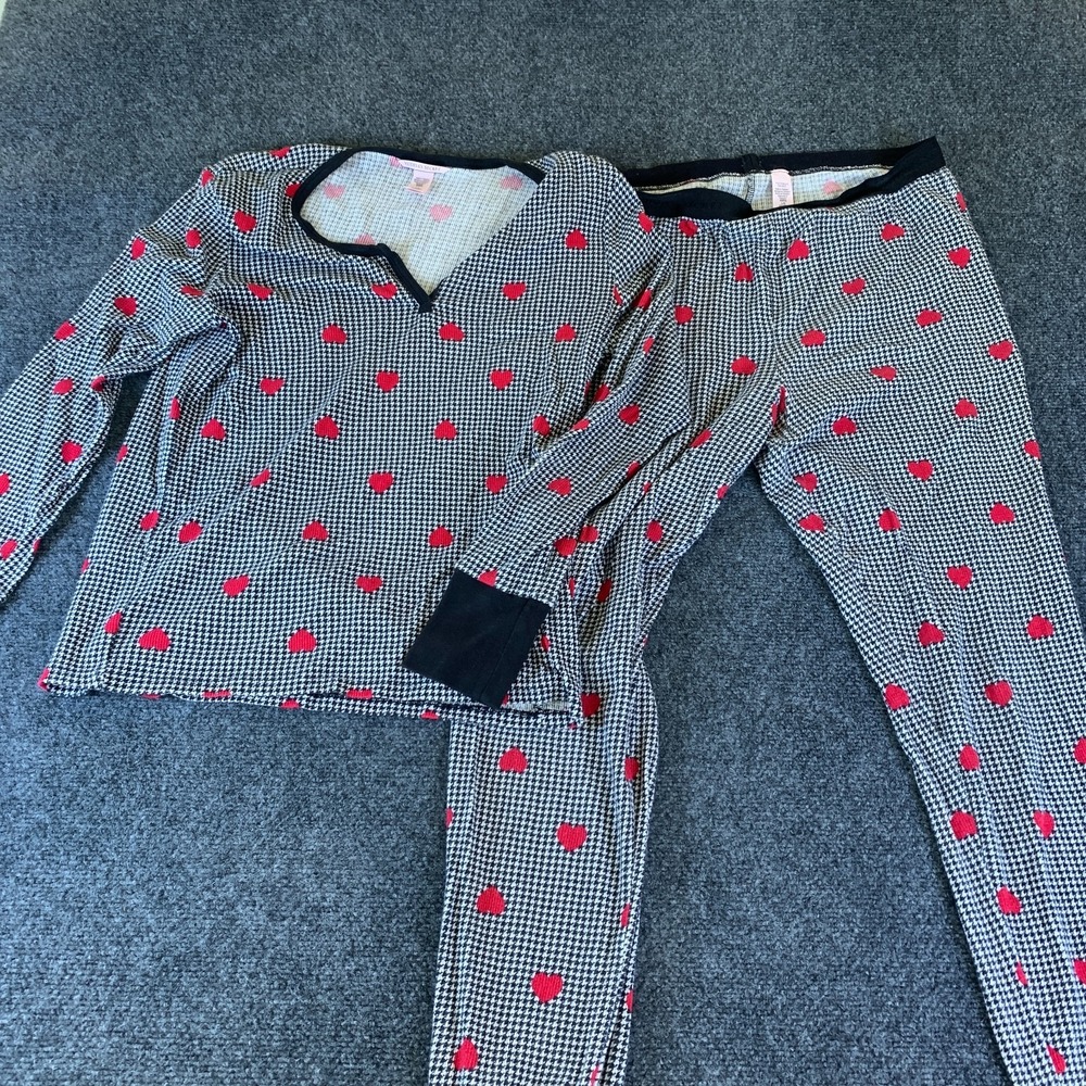 Victoria's Secret Thermal Long Pajama Set Womens Large Black Houndstooth Cozy